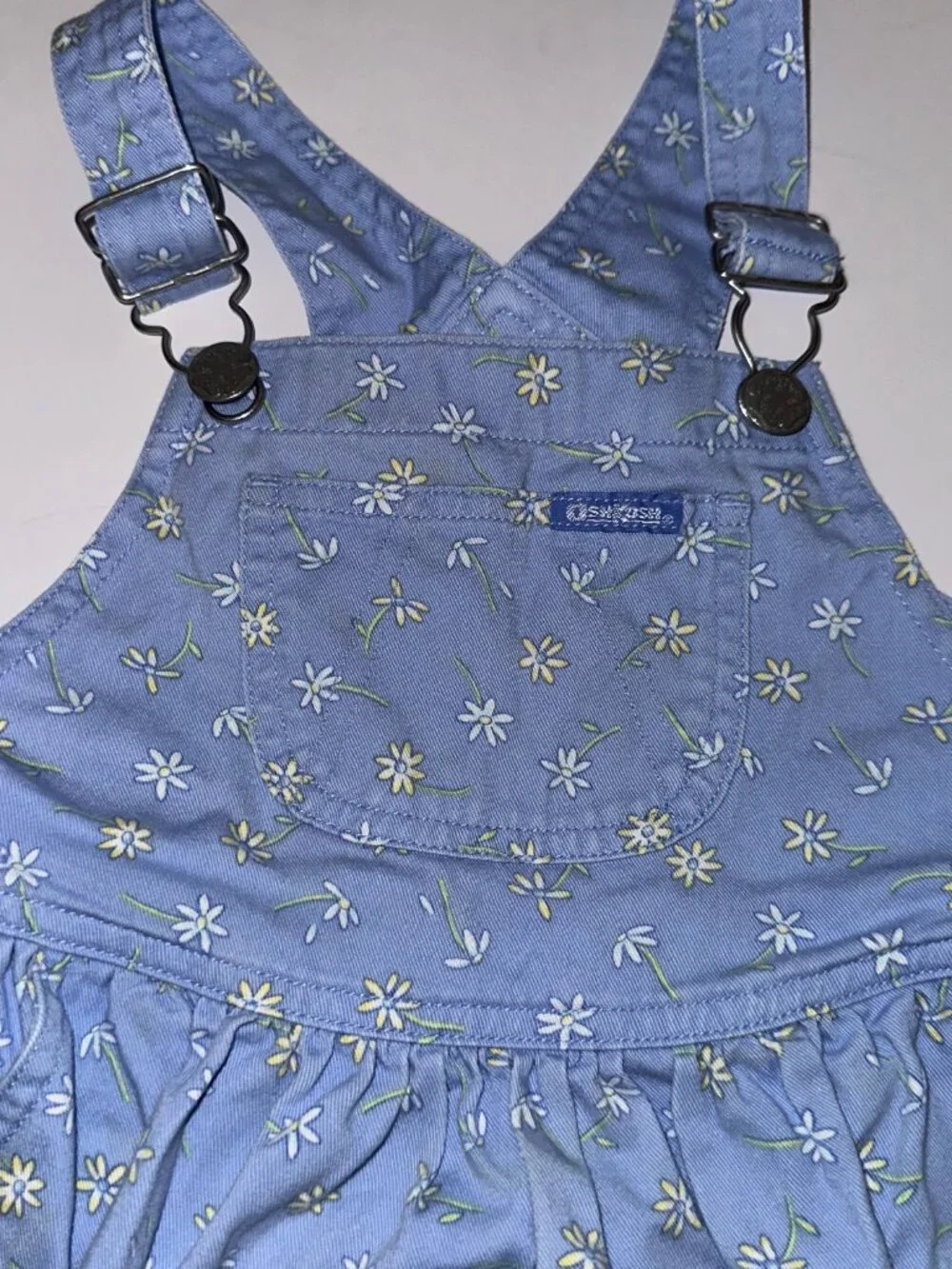Vintage OshKosh Light Blue Daisy Print Skirtall Jumper Overalls Dress 6/9 mo